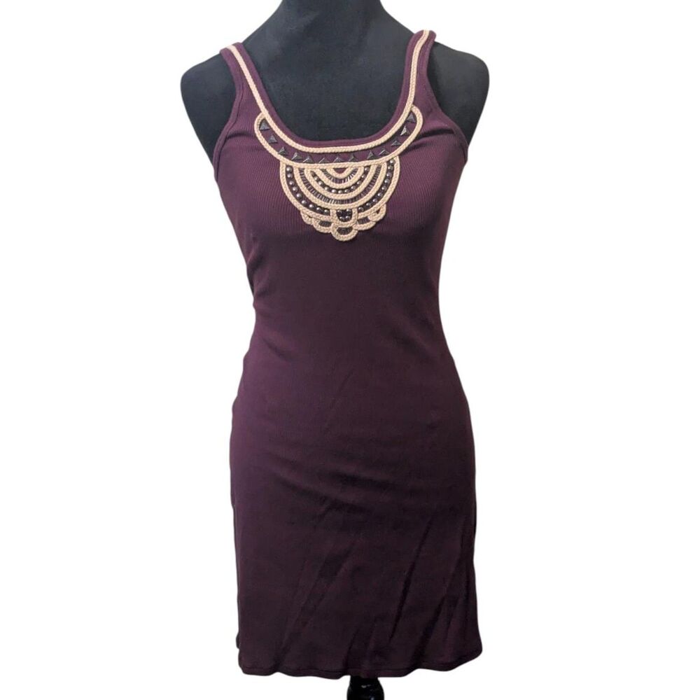 MODA INTERNATIONAL Y2K Whimsigoth Grunge Studded Ribbed Mini Dress Plum M